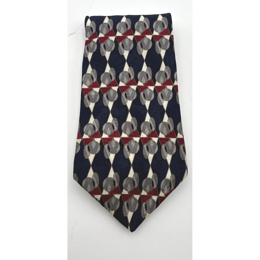 Vintage Adolfo Men's 100% Silk Necktie Navy Burgundy Gray Geometric Woven Tie